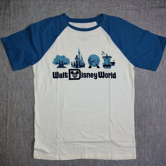 Walt Disney World Raglan T-Shirt White Blue Retro Park Life Logo - Picture 11 of 11